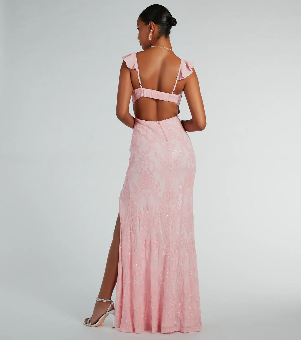 Estella V-Neck Column Long Sequin Formal Dress
