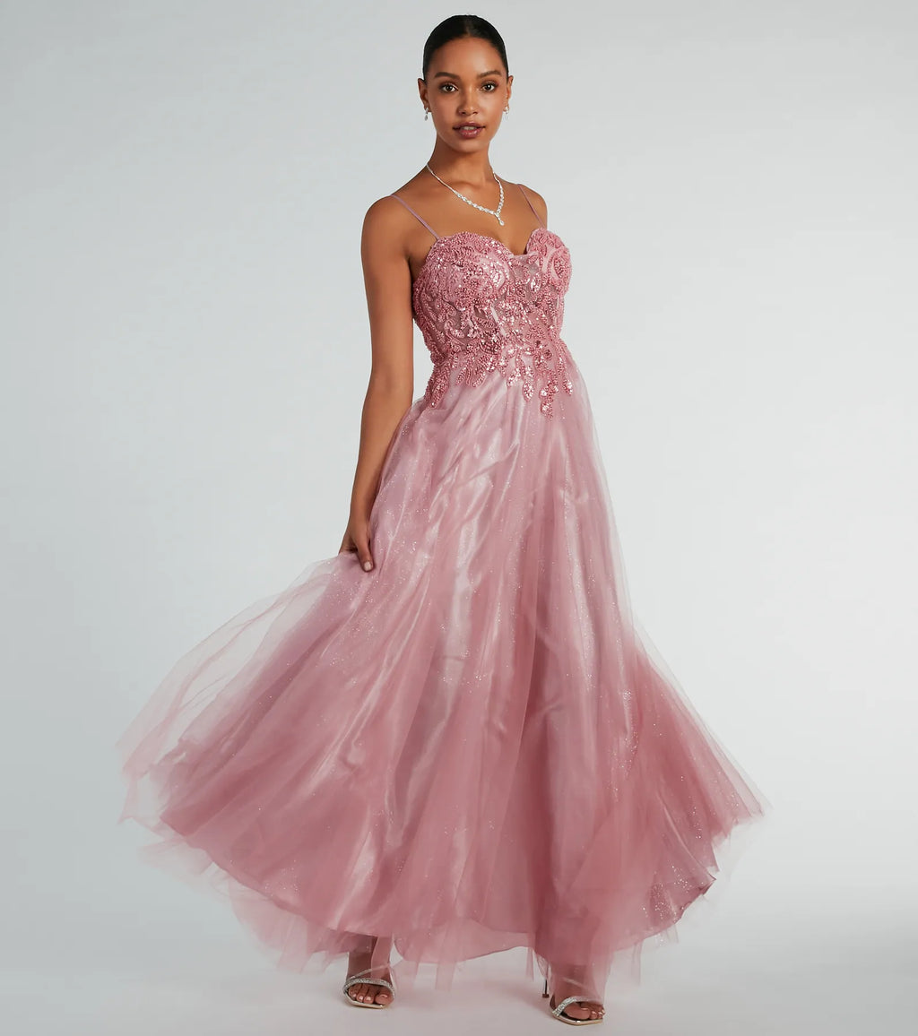 Aila Sweetheart Beaded A-Line Glitter Formal Dress