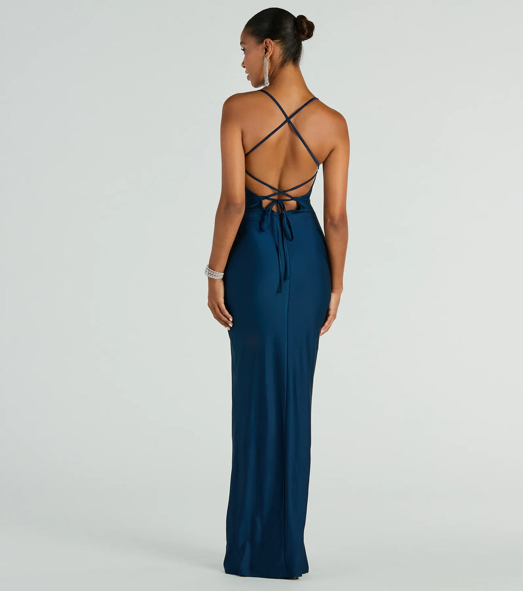 Natalie Cowl Neck Lace-Up Slit Column Dress