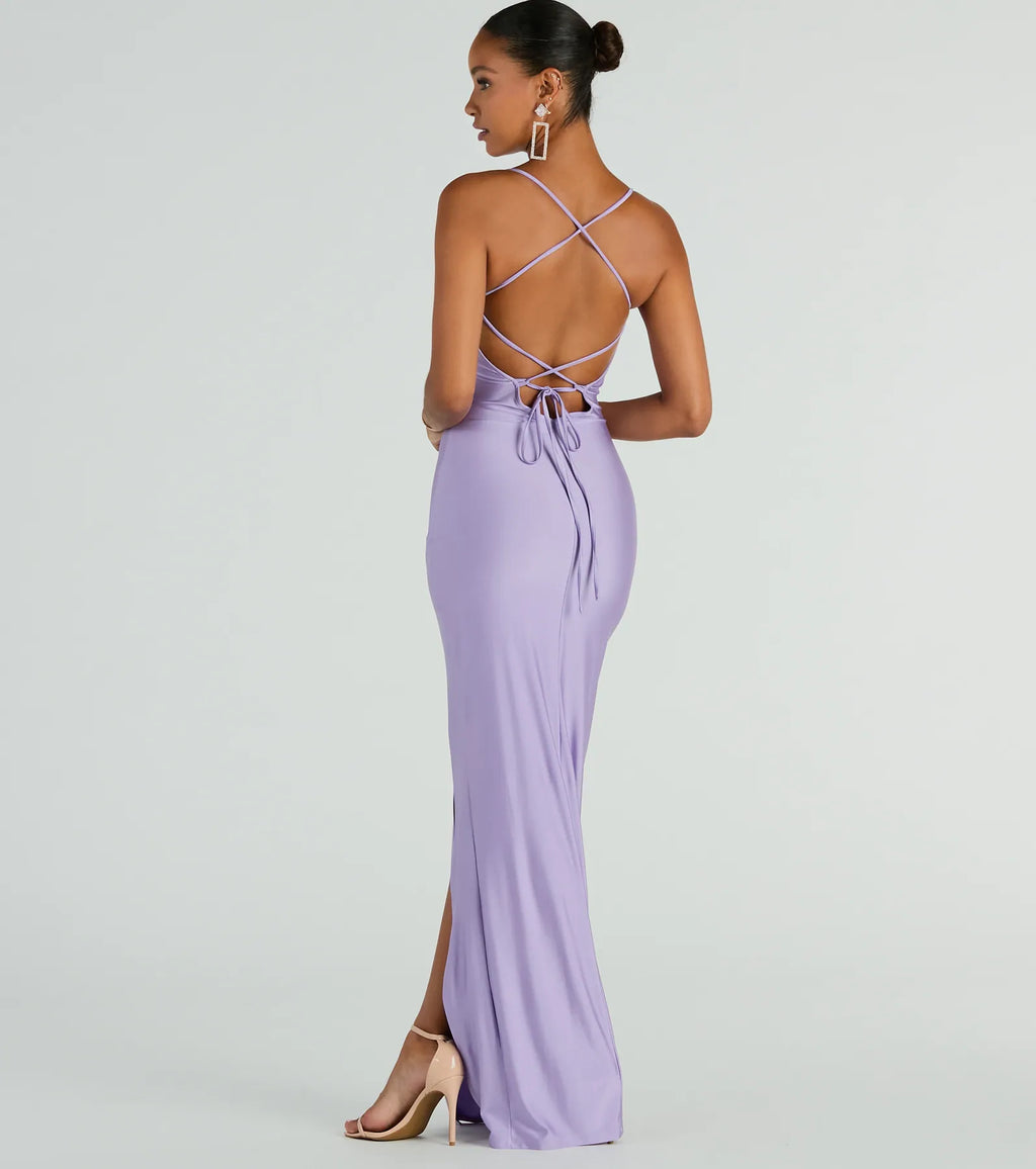Natalie Cowl Neck Lace-Up Slit Column Dress