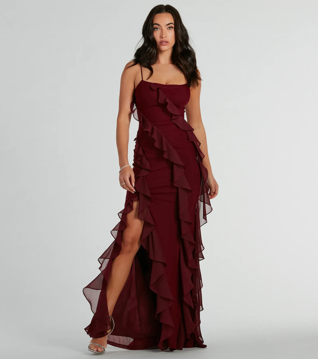 Sophia Lace-Up Ruffle Mermaid Mesh Formal Dress