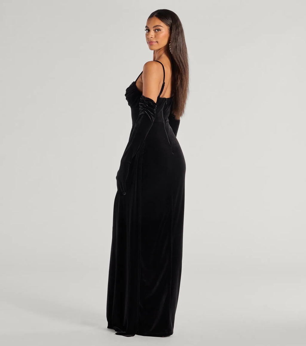 Inez Beaded Applique Velvet Formal Column Dress With Gloves