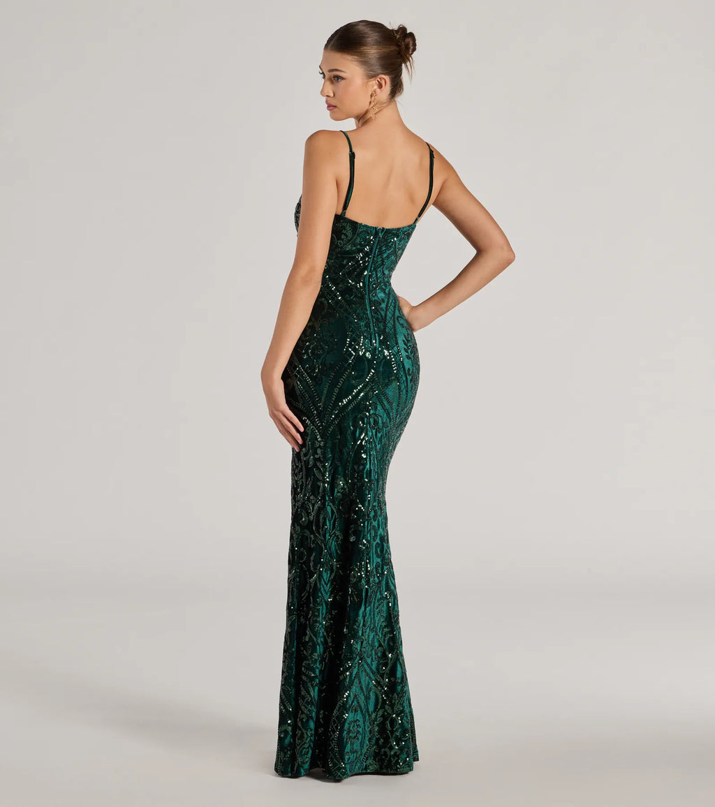 Lilia Sequin Velvet High Slit Column Dress