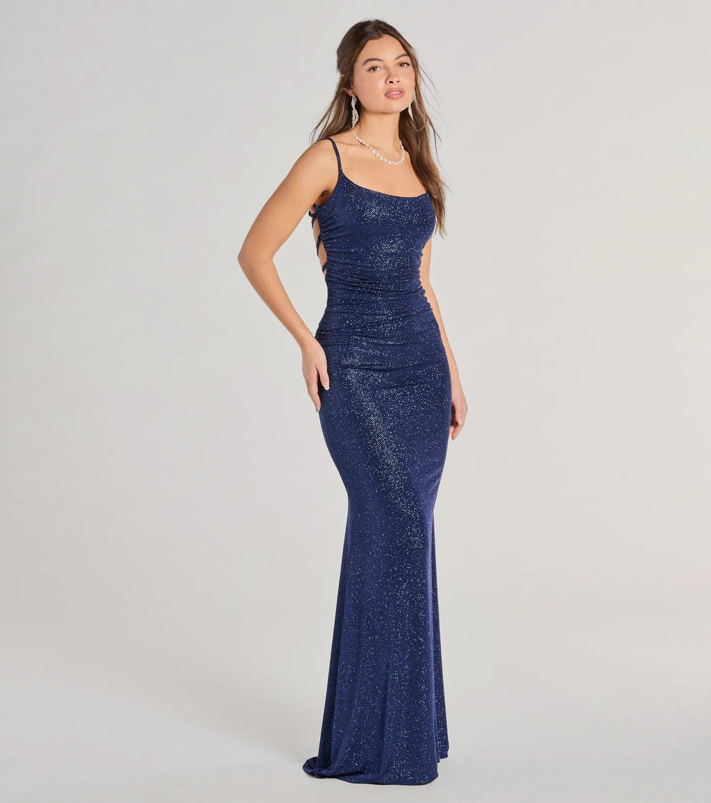 Rylie Formal Glitter Lace-Up Column Dress