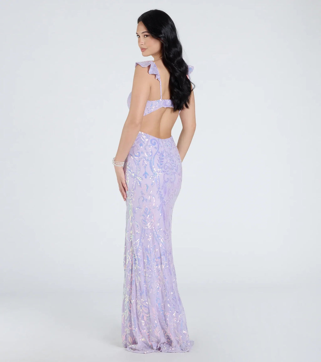 Estella V-Neck Column Long Sequin Formal Dress
