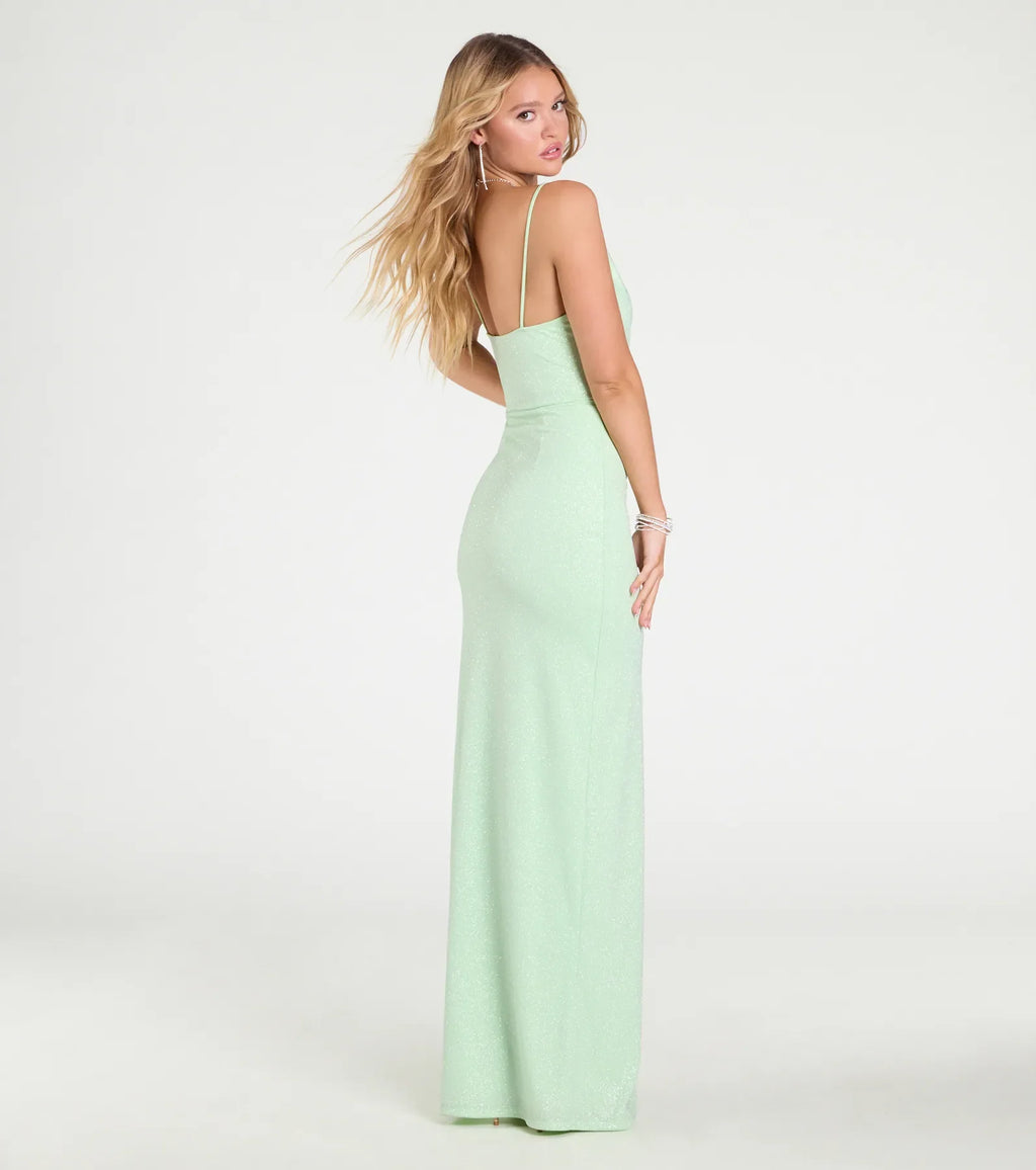 Shelly High Slit Glitter Knit Formal Dress