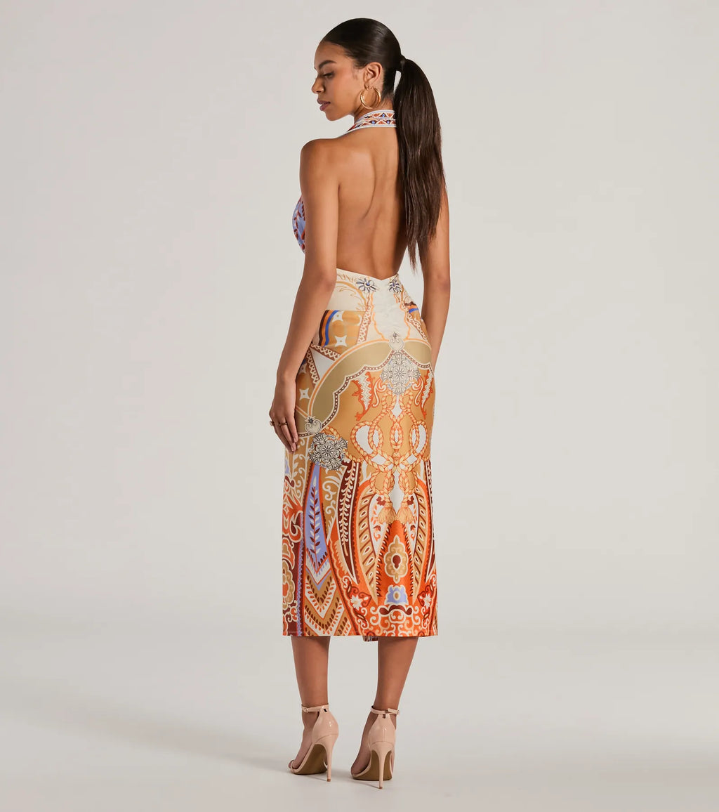 Vibrant Side Geometric Print Bodycon Midi Dress