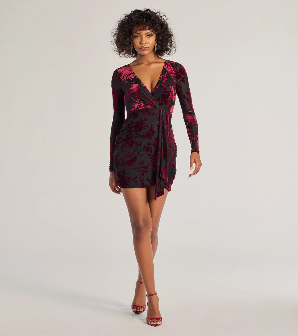 Vision In Velvet Pattern V-Neck Tie Mini Dress