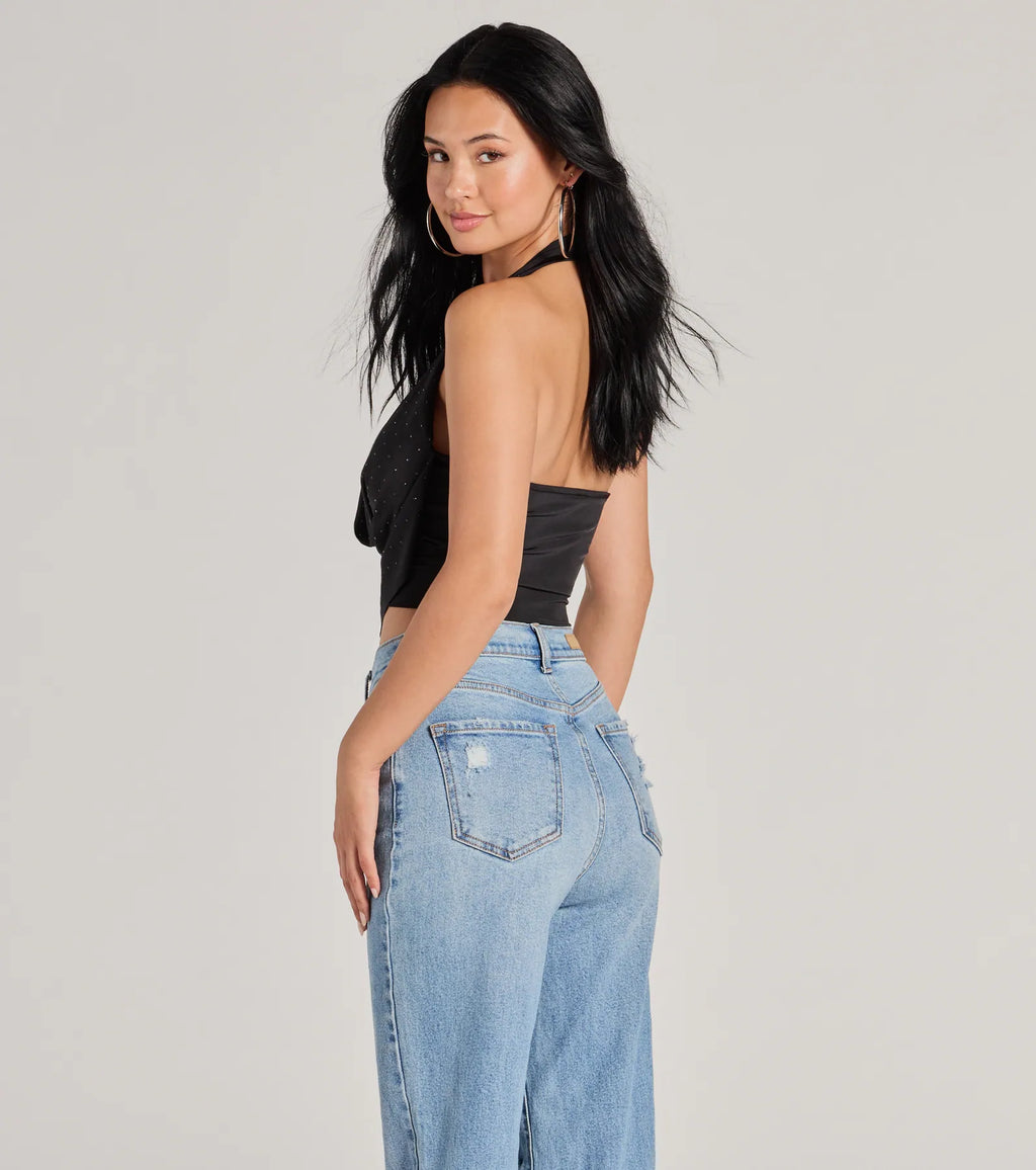 Sultry Flair Rhinestone Knit Halter Crop Top