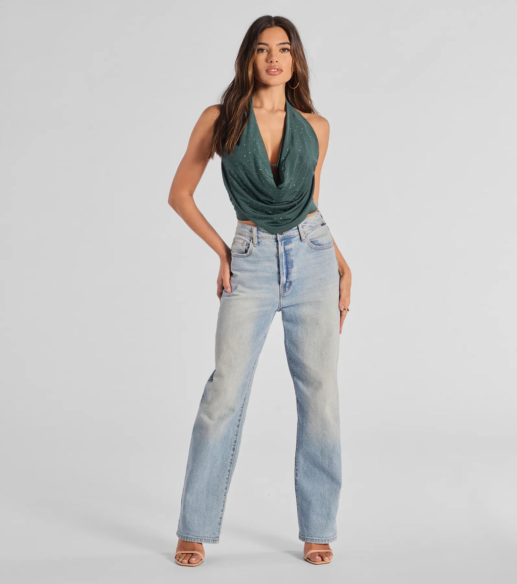 Sultry Flair Rhinestone Knit Halter Crop Top