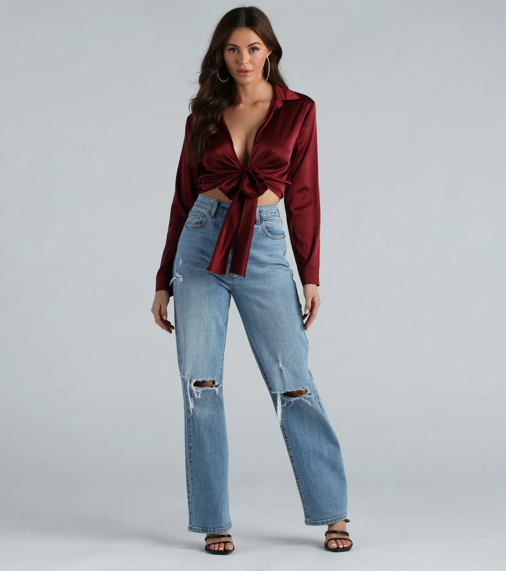 So Sleek Satin Tie-Front Blouse