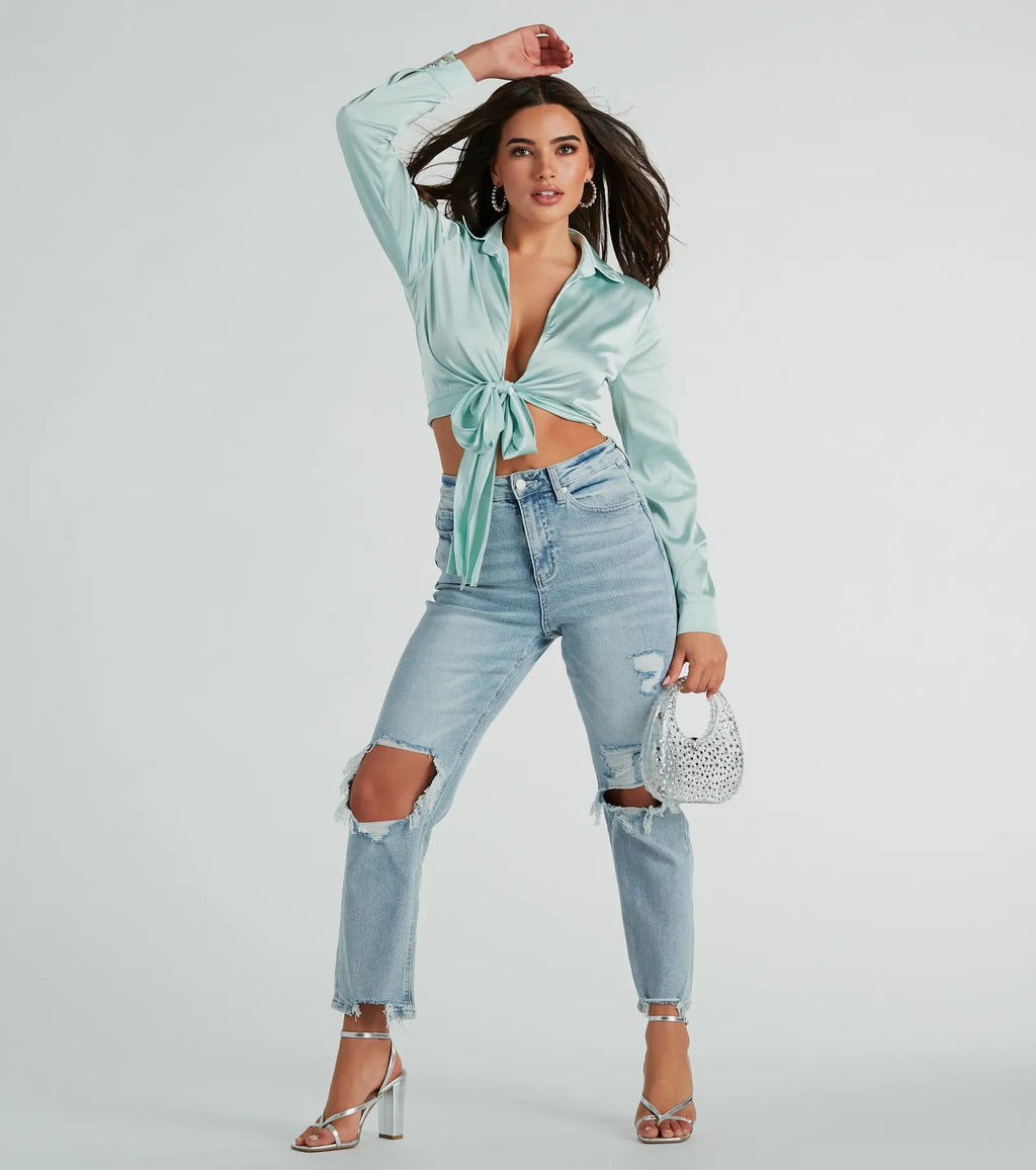 So Sleek Satin Tie-Front Blouse