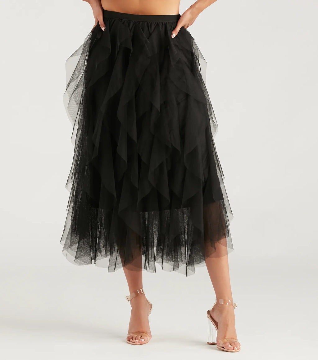 A Little Drama Ruffled Tulle Midi Skirt