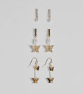 Glam Rhinestone And Pearl Butterfly Earrings Set