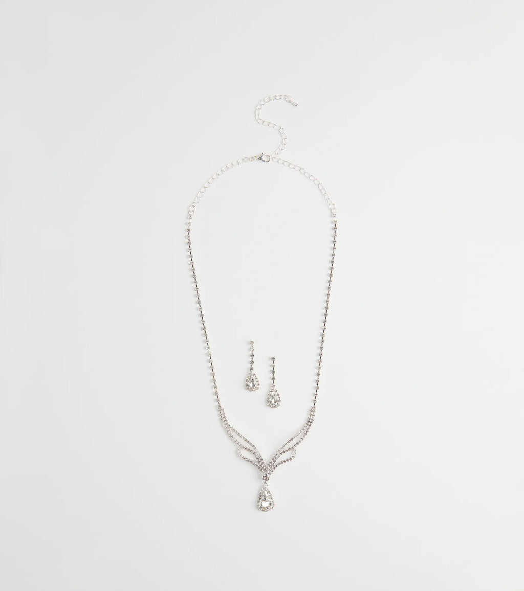 Regal Teardrop Rhinestone Necklace And Earrings Set