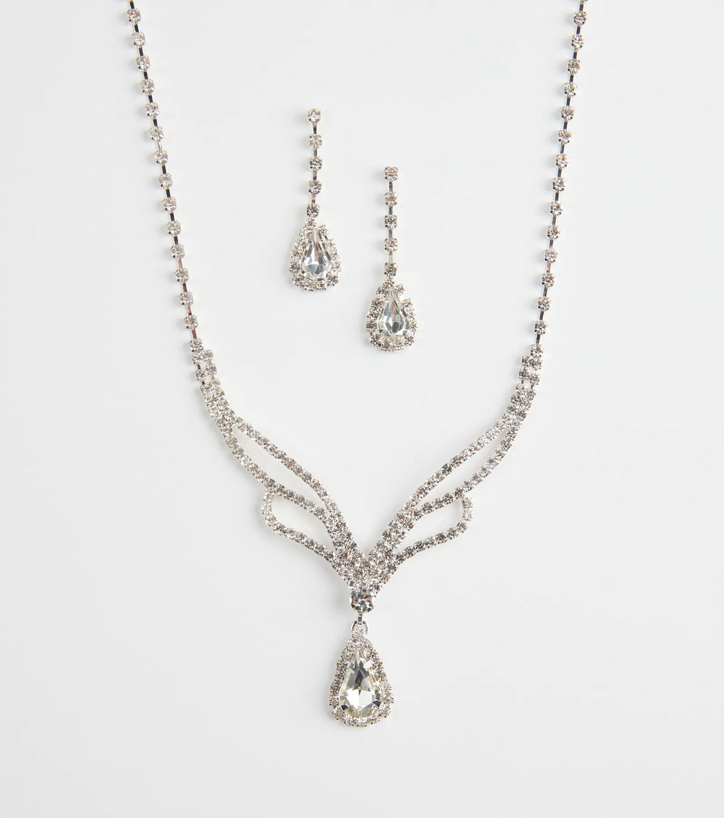 Regal Teardrop Rhinestone Necklace And Earrings Set