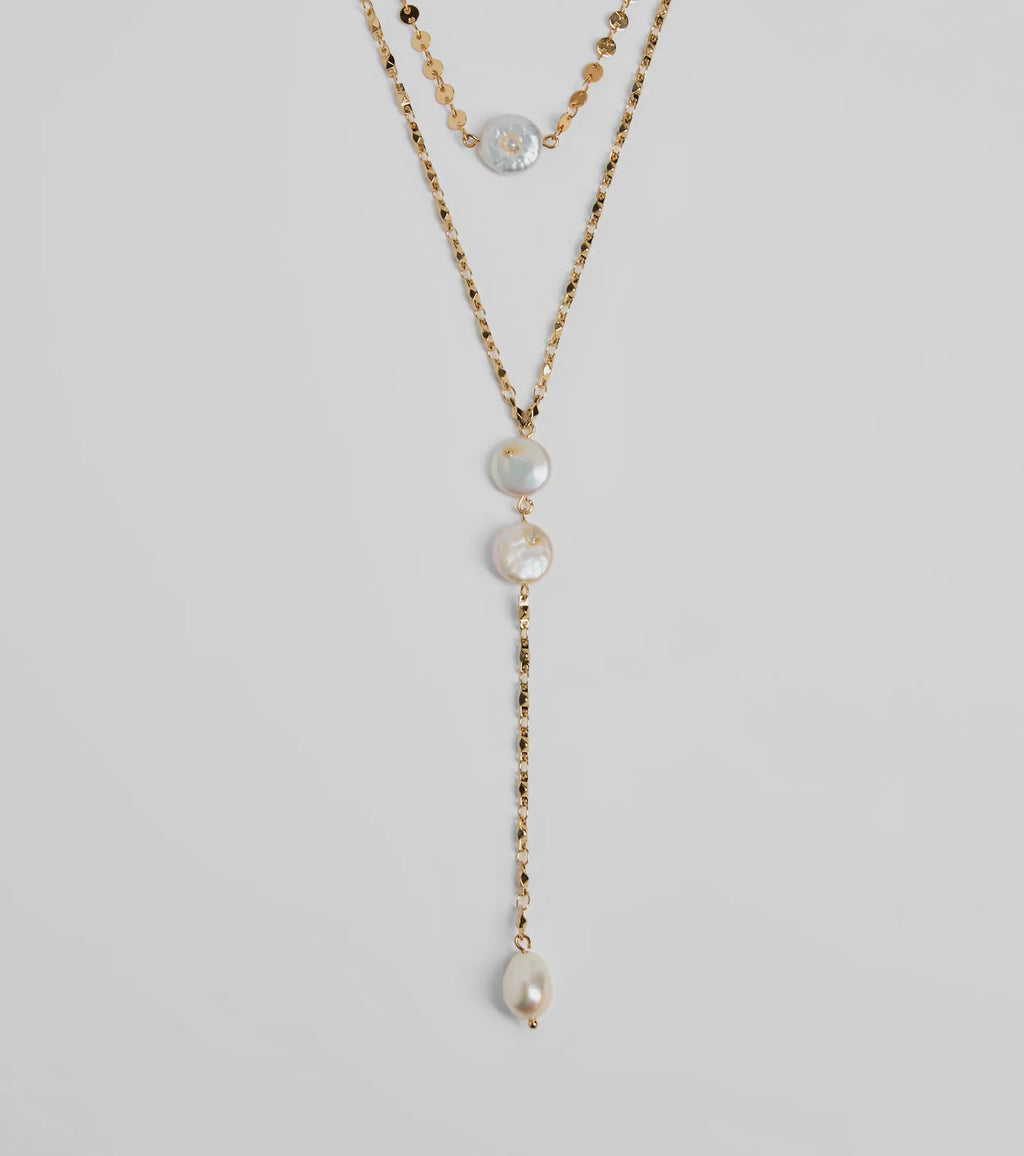 Coastal Glam Pearl Charm Lariat Necklace