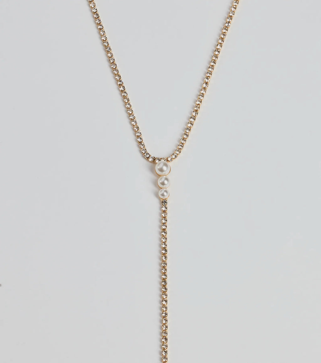 Luxe Glam Rhinestone And Pearl Lariat Necklace