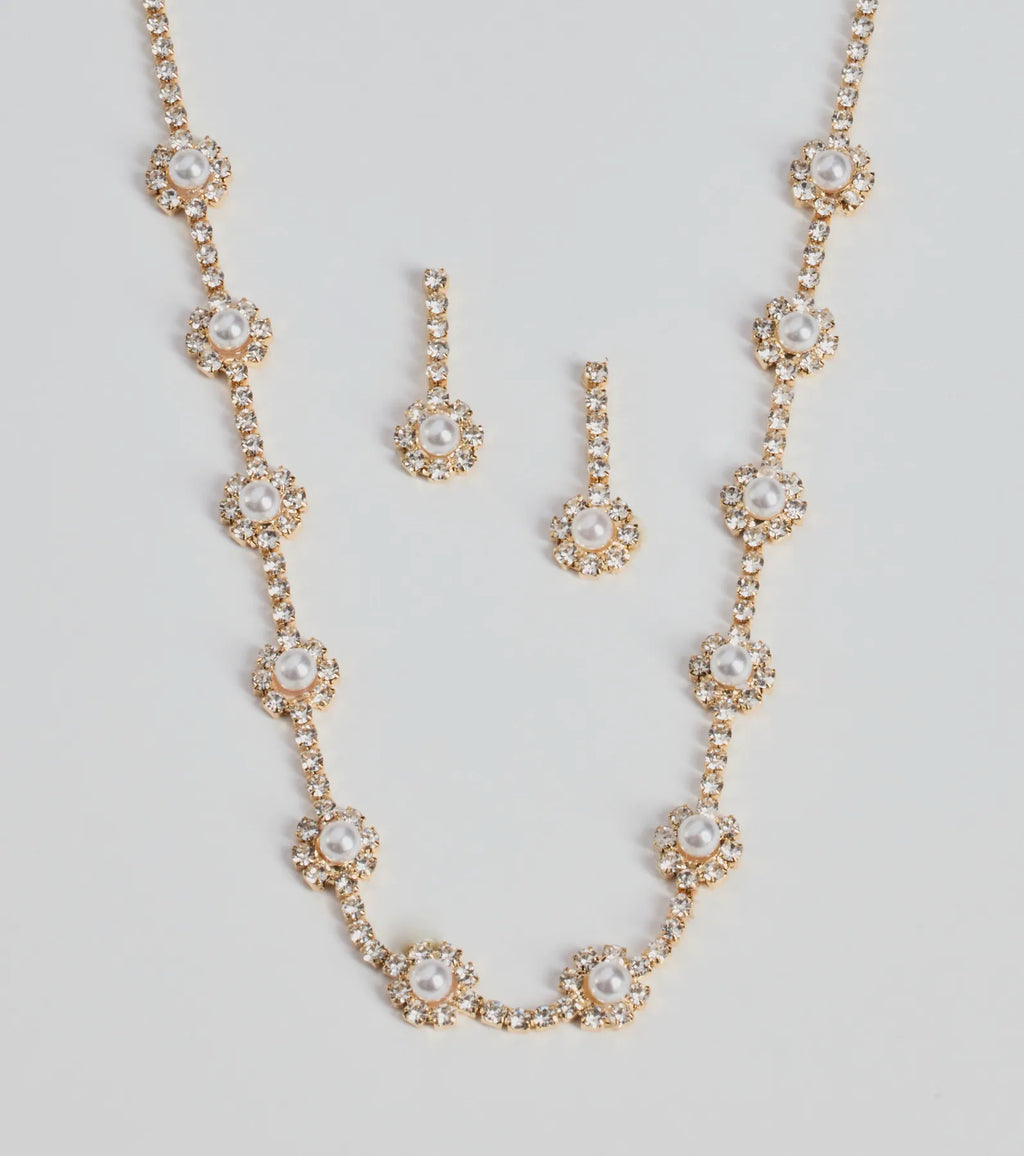 Unforgettable Faux Pearl Rhinestone Necklace And Earrings
