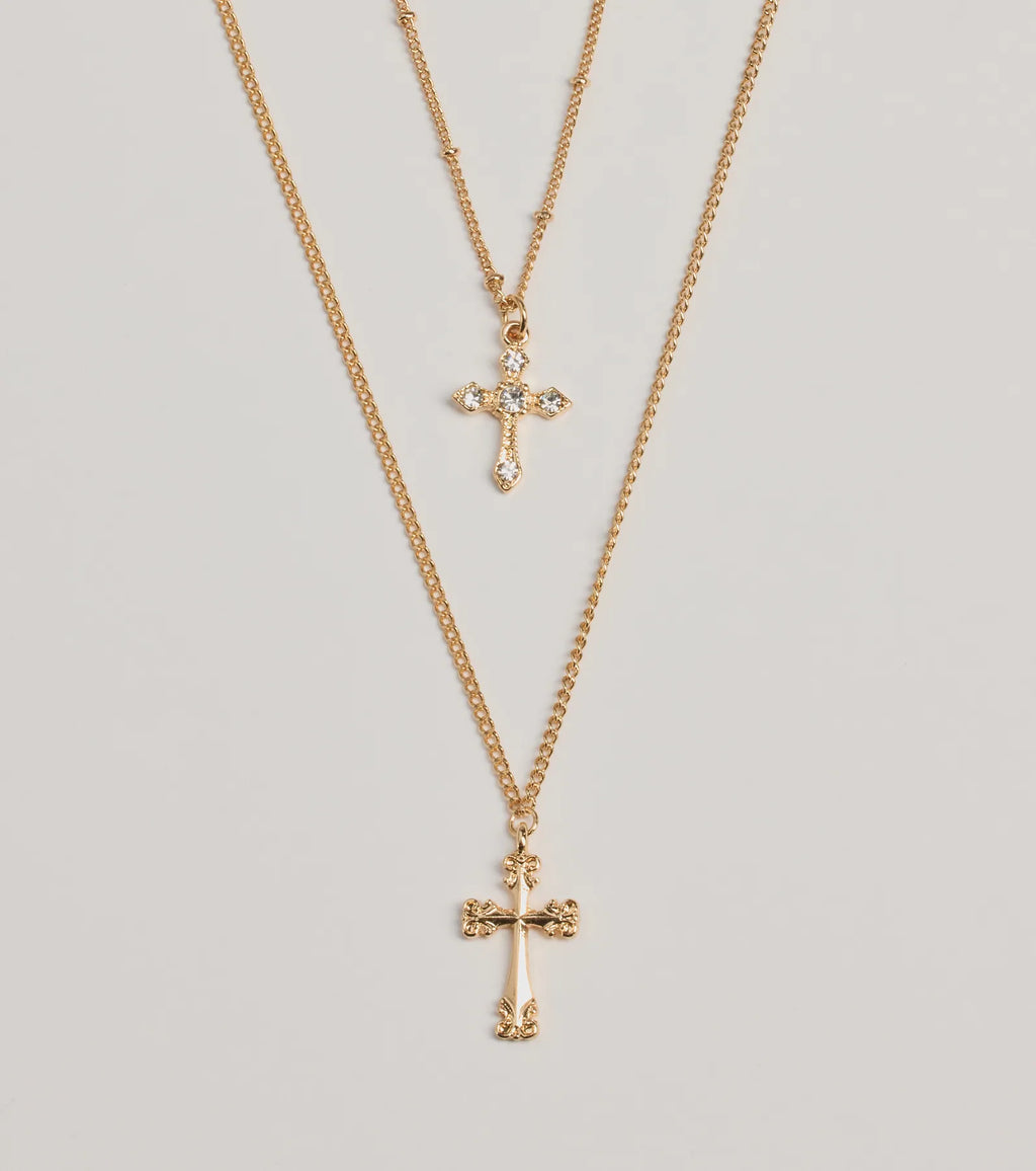 Joyful Glam Layered Cross Charm Necklace