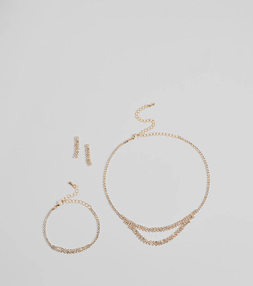Shimmering Rhinestone Necklace, Bracelet, And Earrings Set