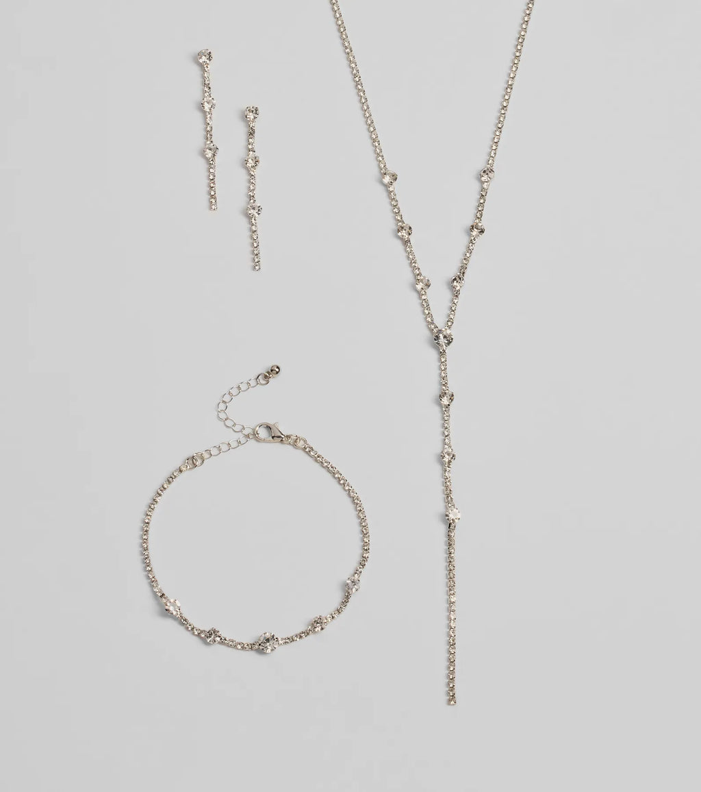 Glam Rhinestone Lariat Necklace, Bracelet, And Earrings Set