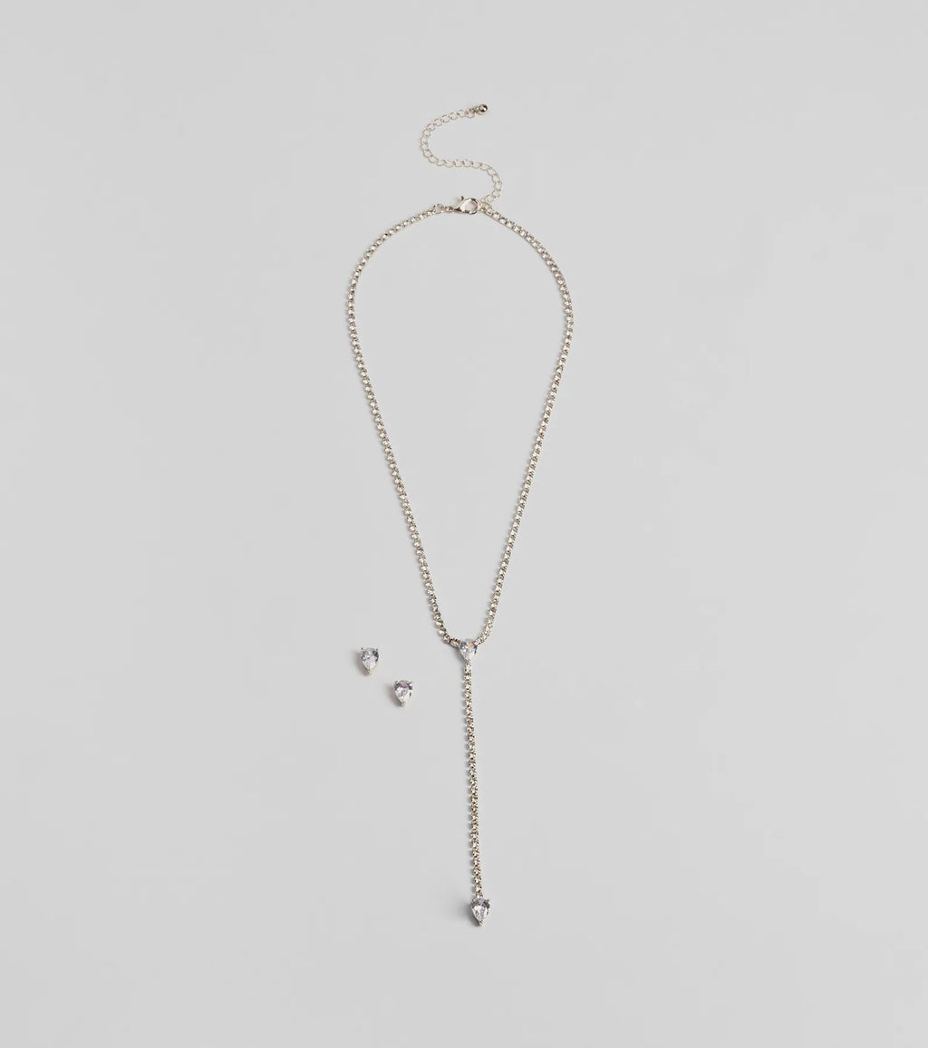 Simple Glitz Rhinestone Lariat Necklace And Stud Earrings Set