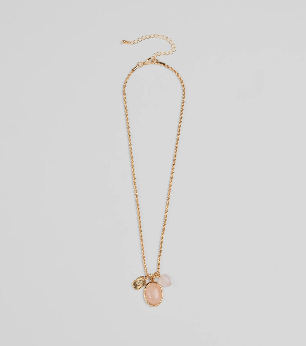 Boho Chic Rose Quartz Pendant Charm Necklace