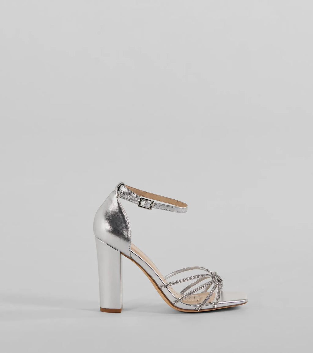Sparkle Scene Rhinestone Strappy Faux Leather Block Heels