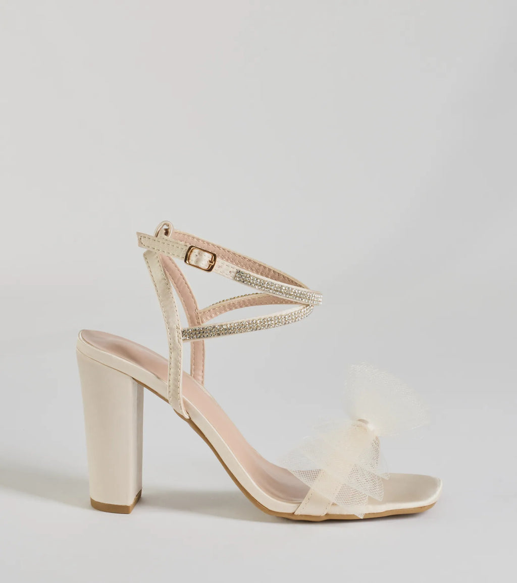 So Lovely Bow Rhinestone Satin Block Heels